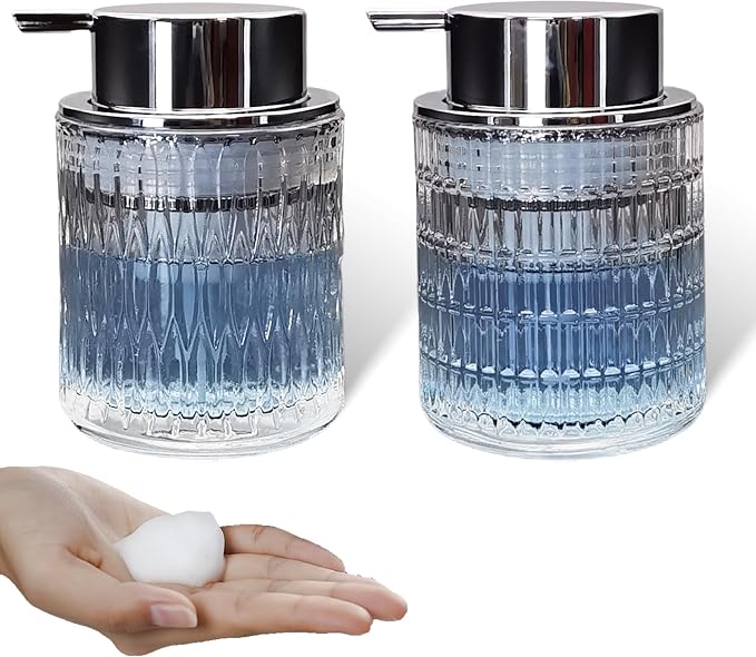 Glass Hand Foaming Soap Dispensers with Silver Pump Refillable Hand Soap Dispenser for Bathroom Kitchen (2Pack-D884+D888)