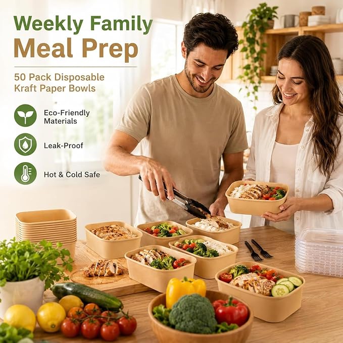 50 Pack 29oz Disposable Kraft Paper Bowls with Lids and Forks, Leak Resistant Meal Prep Containers, Microwave & Freezer Safe for Weekly Lunch Prep, Leftovers, Takeout and Party