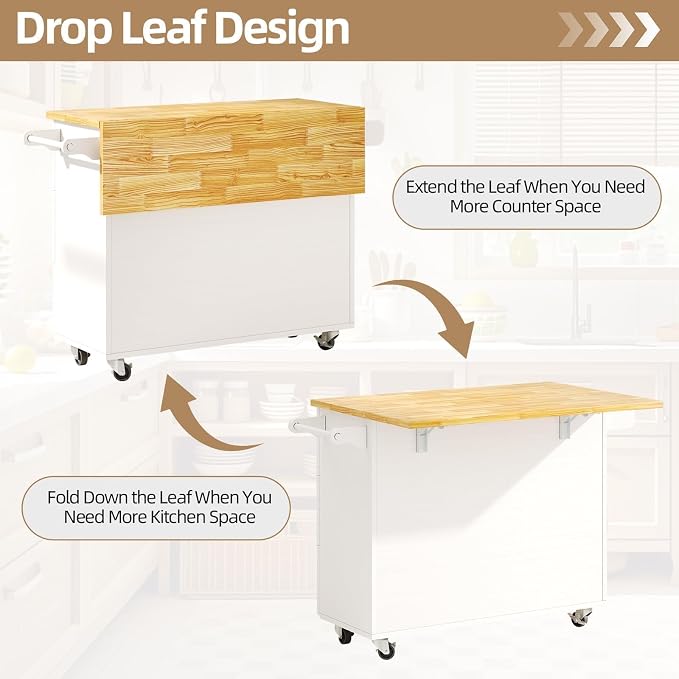 4 EVER WINNER 43" Modern Farmhouse Kitchen Island Cart with Drop Leaf, 3 Drawers, Adjustable Shelf, Spice Rack & Towel Rack, Rolling Kitchen Island for Small Kitchen & Dining Room, White