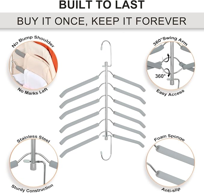 TOPIA HANGER Clothes Hanger Space Saving, 6 Tier Shirt Coat Hangers Space Saving No Bump Shoulder Hangers with No Slip Foam Padded Closet Organizers and Storage for Men and Women 2 Pack CT87G