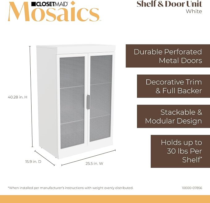 ClosetMaid Mosaics Storage Organizer Kit Includes; (1) Shelf & Door Unit, (1) 3-Shelf Unit, (1) Shoe Shelf Unit, (1) 4-Drawer Unit, and (2) Shelf & Rod Units, White