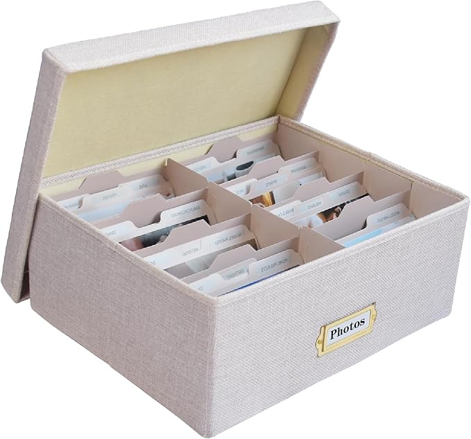 Linen Photo Storage Box – Holds 1700 Photos, Photo Organizer with Lid for Photo, Pictures, 24 Adjustable Dividers & 72 Labels Multi-Use Organizer Memory Box for Envelopes, Baby, Wedding, Cards Beige
