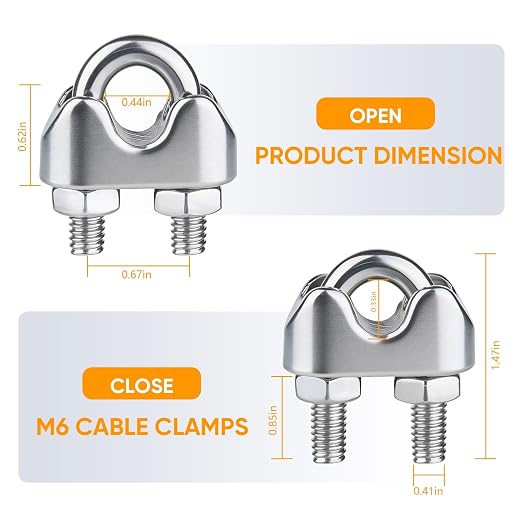 12 Pcs 1/4 inch 304 Stainless Steel Wire Rope Cable Clamp,M6 Wire Rope Clips U Bolt Saddle Fastener for Tent Ropes and Rigging Rope