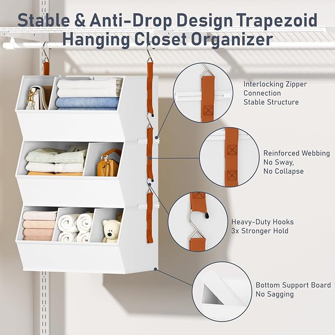 Hanging Closet Organizer Extra Large, Clothes Hanging Shelves for Closet with Divider, Collapsible Closet Storage System, Fabric Storage Bins for Home, Dorm, Rv, Sweaters, Handbags, Underwear, Sock