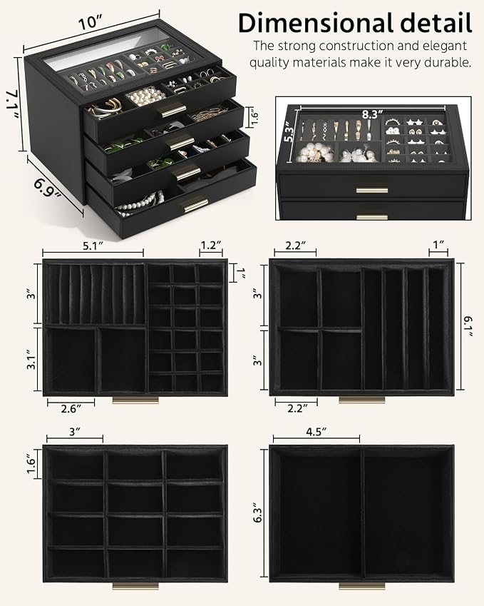 AKOZLIN Jewelry Box with Clear Lid Functional Leather Jewelry Storage Organizer Case 4 Drawers for Women Girls Necklace Ring Bracelet Earring