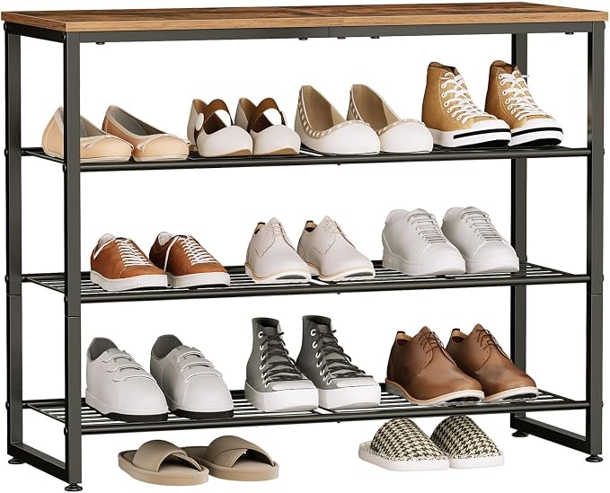 HOOBRO Shoe Rack, 4-Tier Narrow Shoe Organizer for Entryway, Holds 12-16 Pairs of Shoes, Metal Shoe Shelf with Removable Tier, Adjustable Feet, for Closet and Hallway, Rustic Brown and Black BF49XJ01