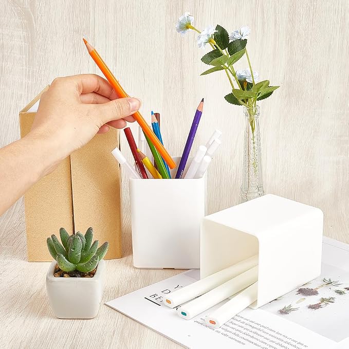 CRASPIRE White Pen Holders Plastic Pencil Cups Square Waterproof Cuboid Cosmetic Makeup Brush Small Stationery Container Holder Box Case for Office School Home Desk Makeup Brush Pen Pencil Storage