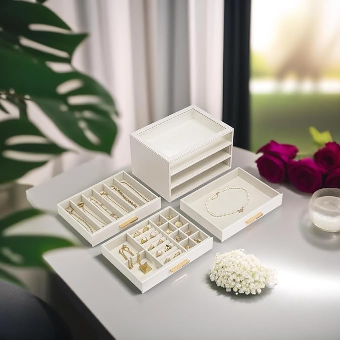 VLANDO 3-Drawer Jewelry Box with Glass Lid, Faux Leather Organizer for Rings Earrings Necklaces and More, Gift-Ready Jewelry Case for Women Girls or Moms, Beige
