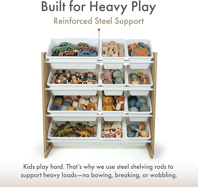 Humble Crew Kids Toy Storage Organizer with 12 Plastic Bins, Natural Wood/White – Removable Bins for Playroom, Bedroom, Toddler Furniture for Boys and Girls Ages