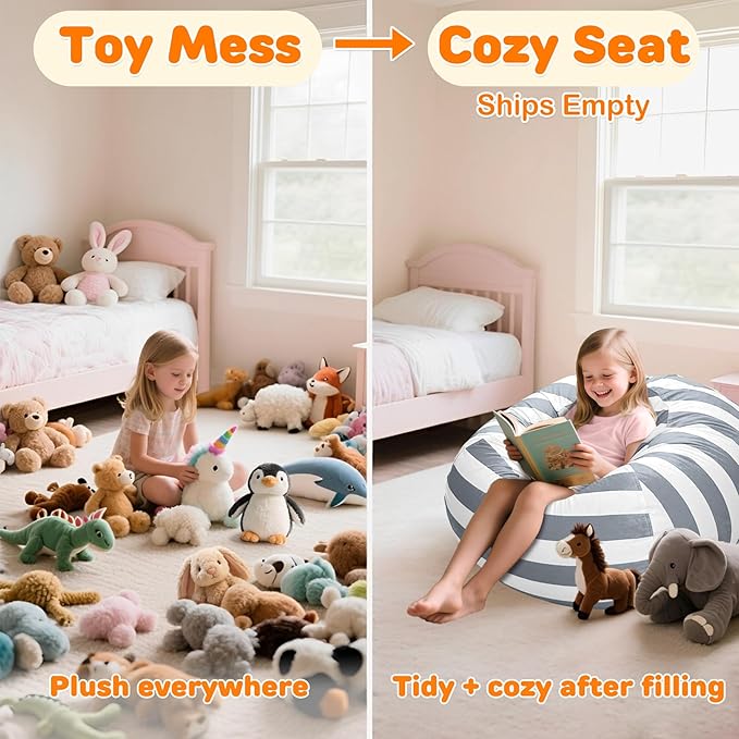 Lukeight Stuffed Animals Storage Bean Bag Chair Cover Only (Ships Empty, No Filling) - Velvet YKK Zipper Beanbag Cover for Toddlers and Kids, Washable Plush Toy Organizer, Large 27" D x 16" H