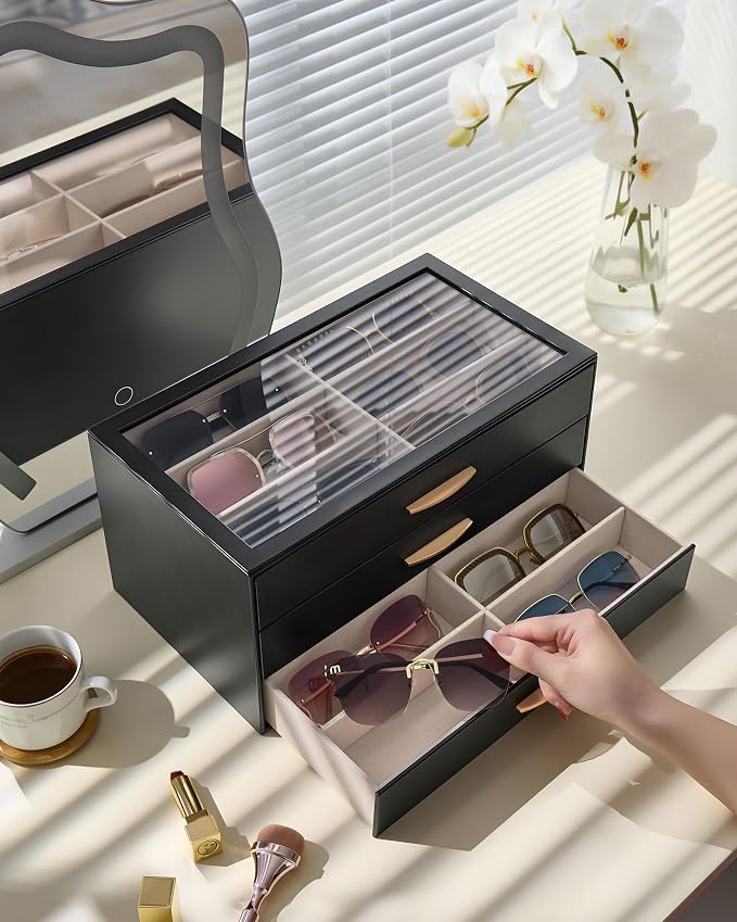Lolalet Enlarged Sunglasses Organizer for women | Multi Eyewear Storage Box, Eye Glasses Case Display Holder with Clear Lid for Eyeglass Collection