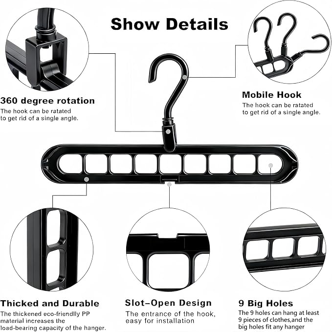9 Space-Saving Hangers Heavy-Duty PP Plastic Tiered Hanger Organizer with Non-Slip Foldable Design, for Closet (Black, 5)