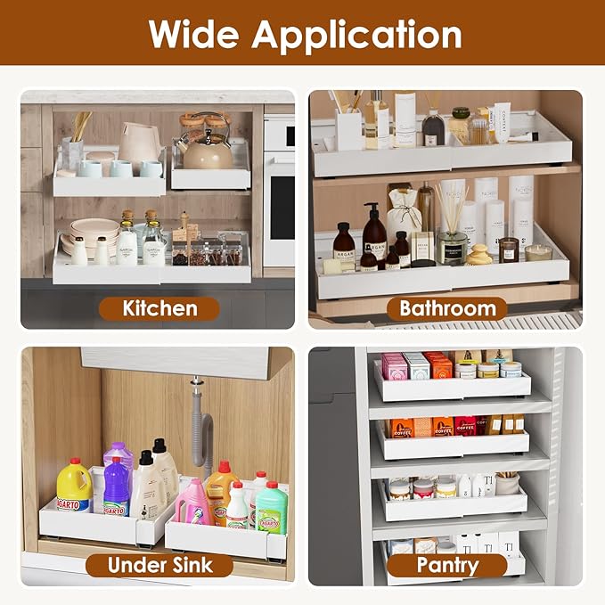 2 Pack Expandable Pull Out Cabinet Organizer 16.5" Deep, Adjustable Width 12.6"-20.5", No Drill Adhesive with Triple Track Rails, Heavy Duty Slide Out Drawers for Kitchen,Pantry,Cabinets,White