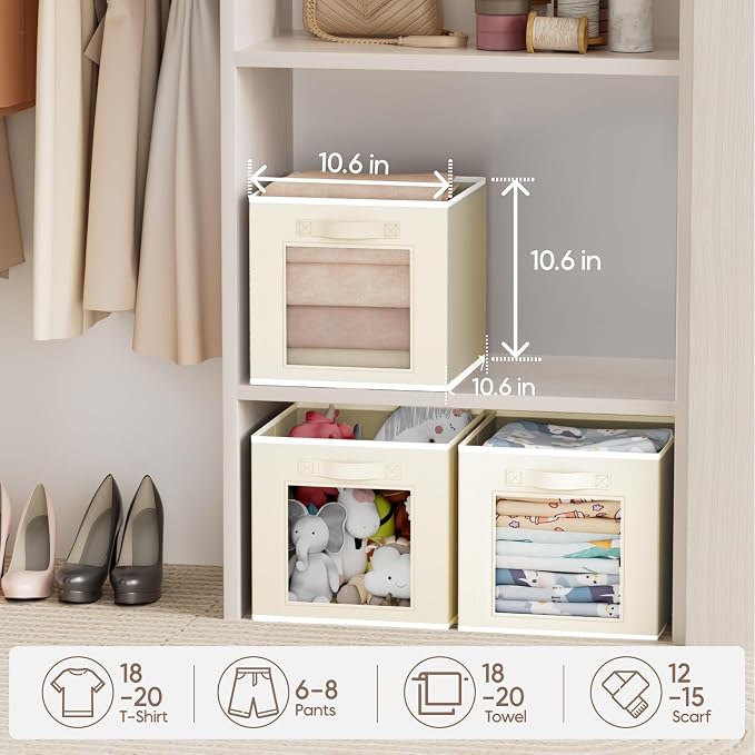 Homsorout Foldable Storage Cubes - Cubby Storage Organizer with Window, Decorative Baskets for Organizing, Fabric Bins for Clothes Storage, Closet Storage Cubes-11inch, Set of 12, Beige