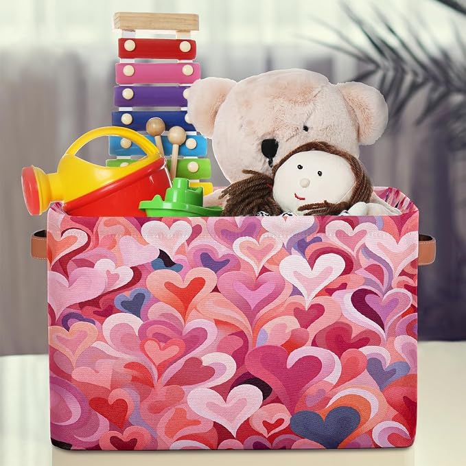 Cube Storage Bins for Shelves, Abstract Red Heart Collapsible Fabric Toys Storage Basket Box with Handles for Home Office Bedroom Closet