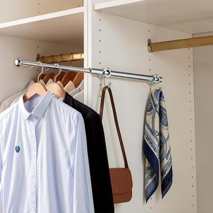 Valet Rod for Closet Pull Out with Hooks, Easy To Install (Chrome, 14 Inch)