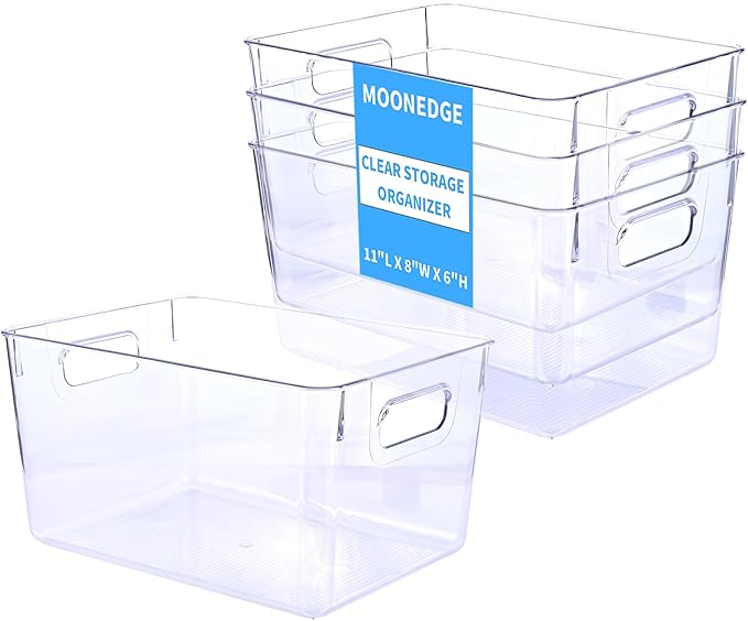 MOONEDGE 4 Pack Clear Plastic Storage Bins 11x8x6in Storage Containers | Drawer Organizer with Handles, Clear Bins for Organizing, Pantry, Kitchen, Fridge, Bath, Cabinet, Closet Shelf, Under-Sink