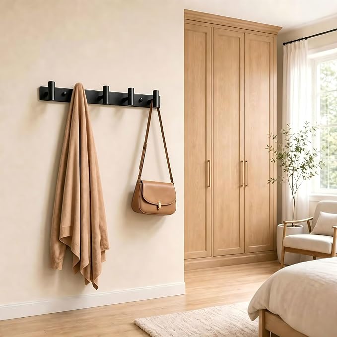 Wall Mounted Coat Rack-5 Hooks, Heavy Duty Stainless Steel Hook Rail for Towel Coat Hat Purse Bag Jacket, Towel Hooks for Entryway Bathroom Kitchen (Black 5 Hooks - 1 Pack)