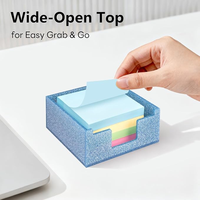 Acrylic Sticky Note Holder 4x4in Tray for Desk, Blue Glitter | Sparkling glitter acrylic tray, fits 3x3 sticky notes, compact organizer for office school and home