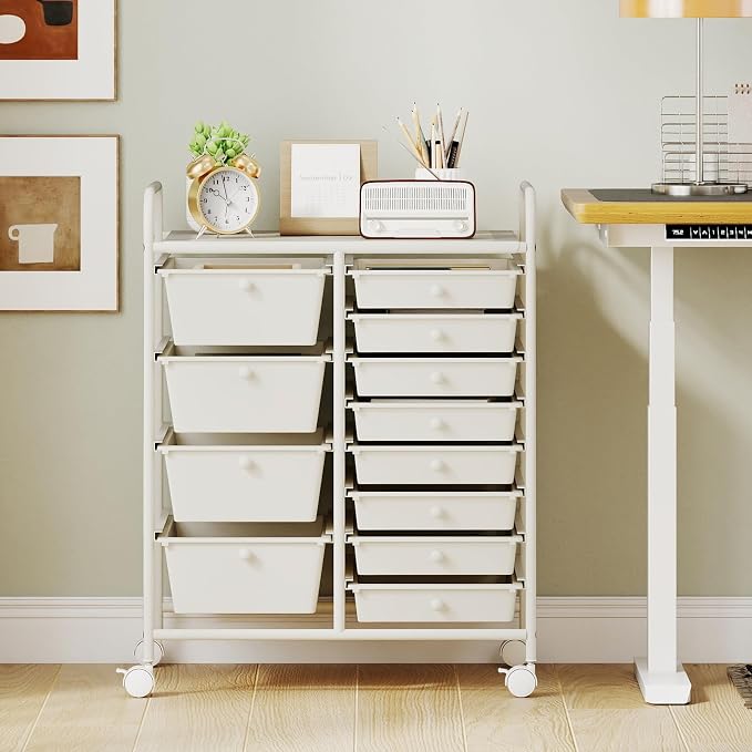 COSTWAY 12 Drawer Rolling Storage Cart, Utility Cart with Metal Frame | Mobile Art Supply Craft Organizer, Multipurpose Storage Organizer for Paper, Office, School Teacher, Classroom, White
