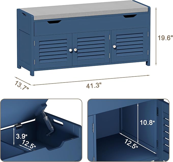 ChooChoo Shoe Storage Bench with Lift Top Storage & Cushioned Seats | 41.3" Entryway Bench with 3 Compartments & Adjustable Shelf, for Entryway, Blue