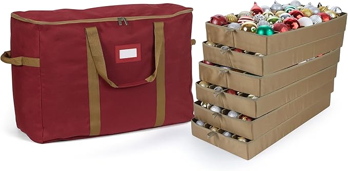 Covermates Keepsakes Adjustable Ornament Storage Bag – Heavy-Duty Polyester, Padded Dividers & FlexGrid Trays – Protective Holiday Ornament Organizer with Handles & Label Window, Red
