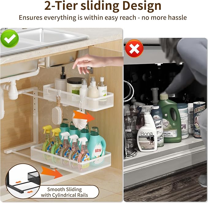 Under Sink Organizer 2 Pack, 2-Tier Slide Out Cabinet Organizer with Metal Sliding Drawer and Hooks, Pull Out Storage Baskets for Kitchen Bathroom Pantry Cabinet Organization (White)