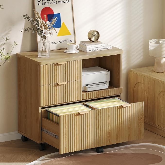 Bestier 3 Drawer File Cabinet, Decorative Fluted Wood Lateral Filing Cabinet with Caster for Home Office, Fits for A4/Letter/Legal-Sized Files, Printer Stand with Open Storage Shelves, Oak