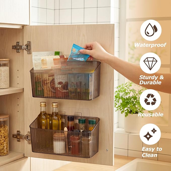 7 Pack Cabinet Door Organizer Adhesive Wall Mount Storage Bins Makeup Containers Stackable Organizer Basket for Kitchen Cabinets, Bathroom, Pantry, Office, Refrigerator (Frosted Gray)