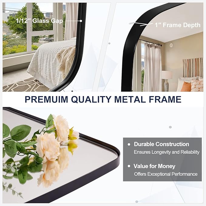 ANDY STAR 18x48 Full Length Wall Mirror, Matte Black Oblong Shaped Body Mirror with Stainless Steel Metal Frame, Rounded Corner Design for Floor and Leaning