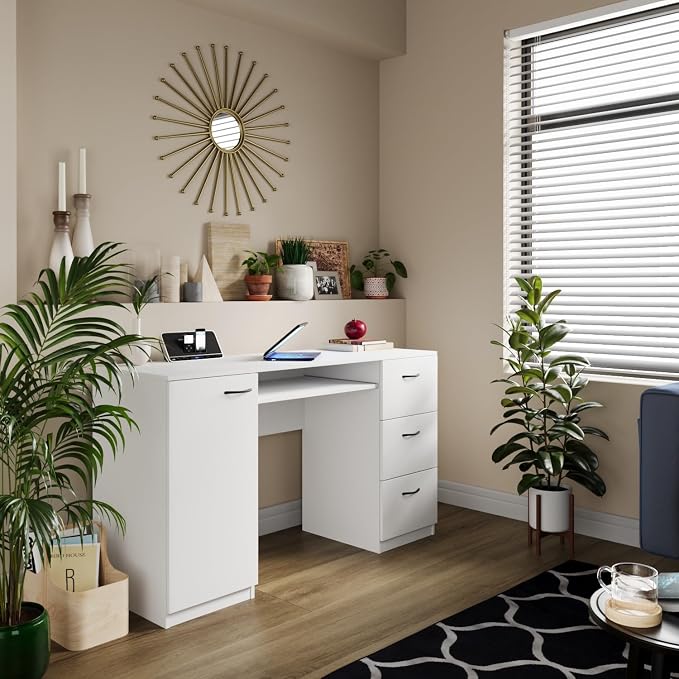 Modern Computer Desk with 3 Drawers & Storage Cabinet – Small Office Desk with Slide-Out Keyboard Tray – Professional Home Office Desk & Small Work Desk for Writing (Modern White)
