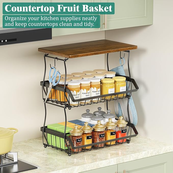 XYZLVSI 3 Tier Countertop Fruit Basket Bread Bowl with 2 Banana Hangers | Metal fruit rack with wooden handle, 16.8" H large storage stand for potato/onion/vegetables/snacks/produce storage, black