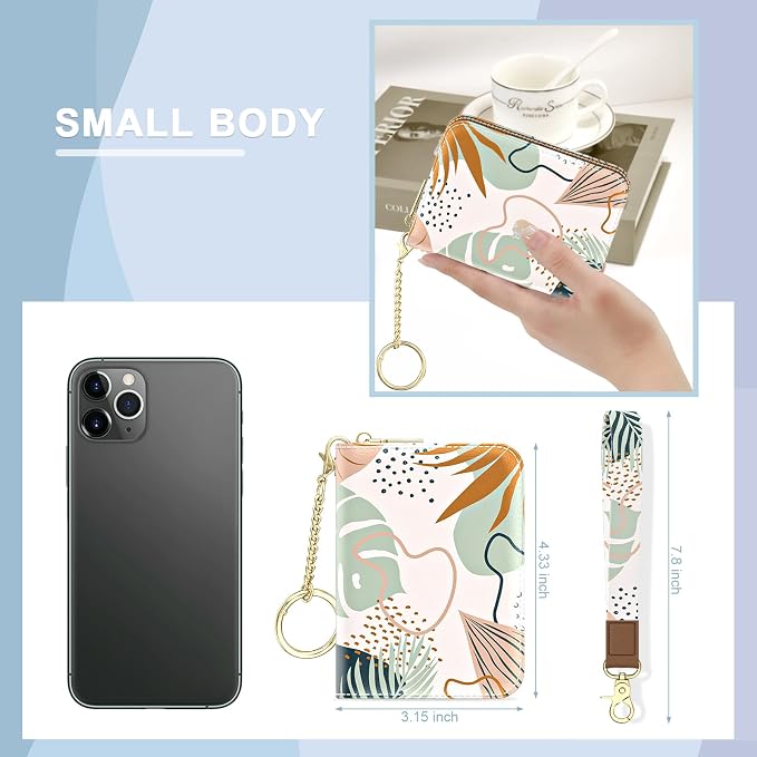 Aiawoxc Credit Card Holder, Small RFID Wallet Slim Leather Card Organizer Case with Zipper and Wristlet Strap, Boho Leaves