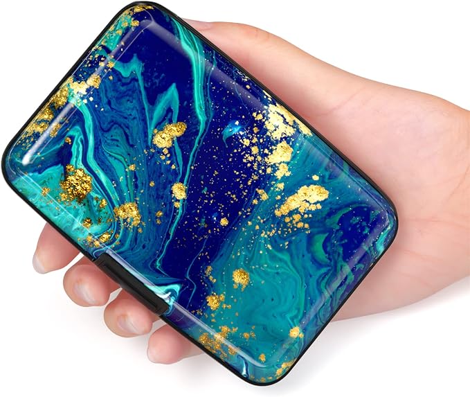 Credit Card Holder for Women, Small RFID Metal Credit Cards Wallets Cute Business Card Holder Pocket ID Case, Blue Green Marbling
