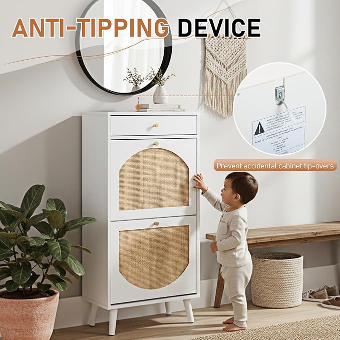 Karl home White Rattan Shoe Cabinet, 1-Drawer 2-Tilt-Out Entryway Organizer | Hidden Shoe Rack Storage with Rattan Panel for Heels, Slippers and Casual Shoes, Space Saving Entryway Storage Furniture