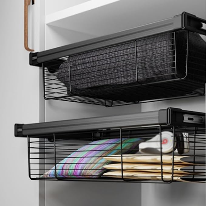 Pull Out Cabinet Storage Basket,Stackable Detachable Baskets Closet Storage Box,Telescopic Coat Drawer for Kitchen,for Kitchen Office Wardrobes Cupboard Storage(Black,464x456x205mm)
