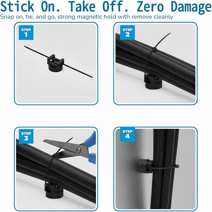 225-Pc Magnetic Cable Ties Set,Magnetic Zip Tie Mounts & Cable Ties | Magnetic Wire Holder, 25 Magnetic Cable Holders & 200 Zip Ties, Magnet Cable Tie Mounts for Cables, Wires, Cords, Hoses-22 mm