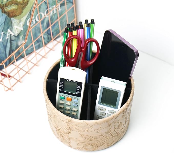 Round Leather Art Supply Organizer,Remote Control Holder,360 Degree Spinning,Multi-Functional Pencil Holder,4 Compartments Desktop Stationary Organizer(1-Carved Light Brown)