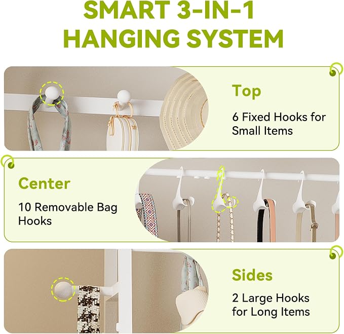 KAFAHOM Purse Rack, Purse Organizer for Closet - Tall Purse Shelf with 8 Hooks & 10 Removable Hangers to Hold Handbags, Backpacks, Pocketbooks., Perfect Purse Display Stand & Storage Tree,White