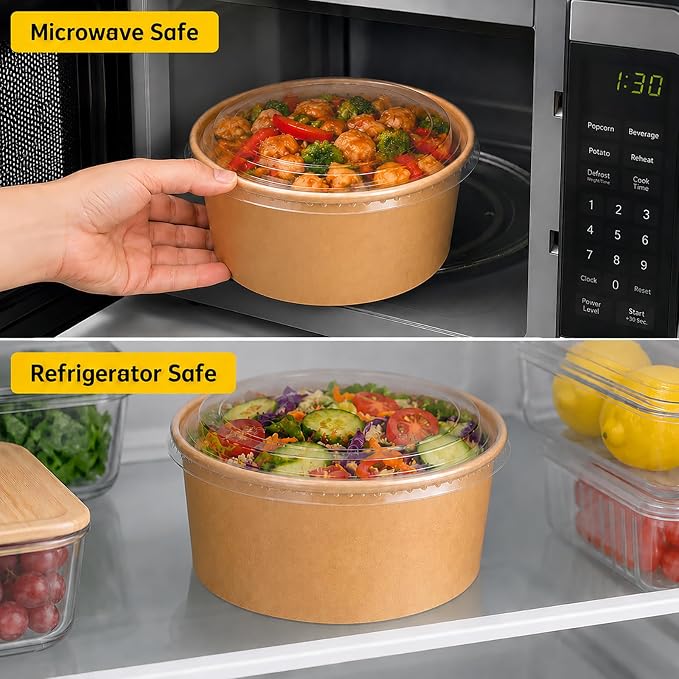 50pks 34oz Disposable Meal Prep Containers, Disposable Bowls with Lids | Disposable kraft paper bowls with lids, Waterproof, Safe for hot & cold food, Perfect for catering, parties, lunch takeout