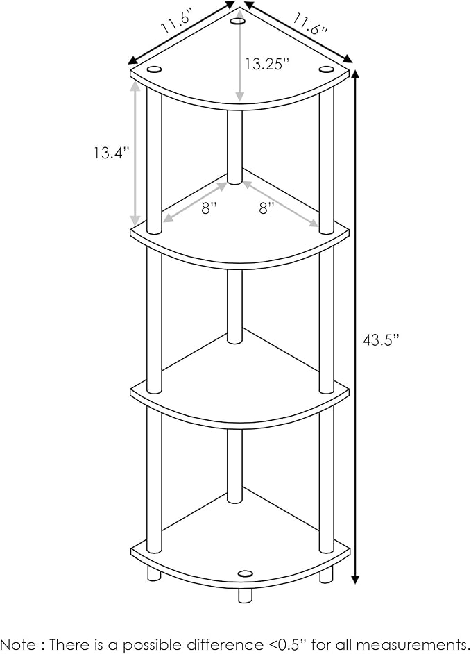 Furinno TURN-N-TUBE Corner Shelf, 4-Tier Corner Bookshelf, Display Storage Shelves with Open Shelves, for Organization and Storage, Living Room, Home Office, Garage, Espresso