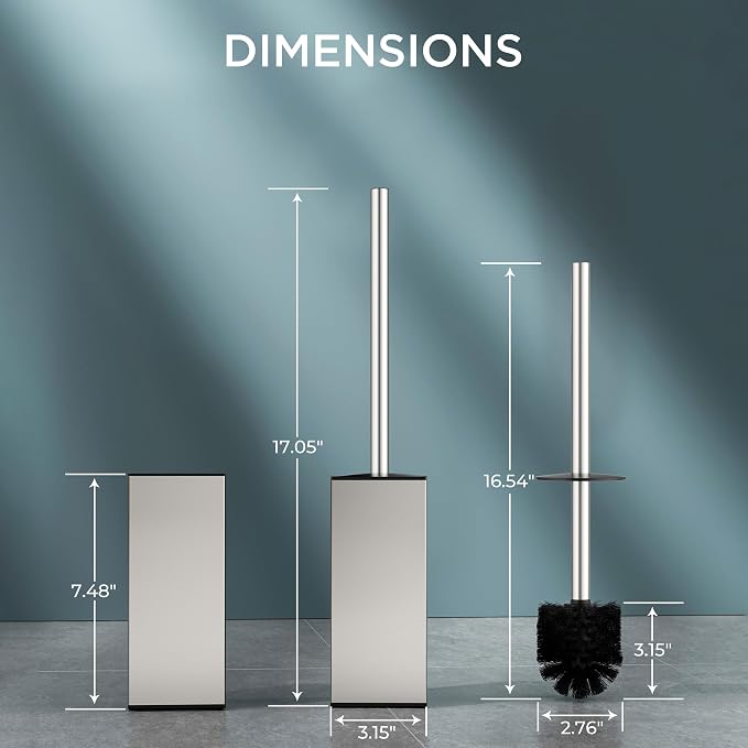 FORIOUS Toilet Brush and Holder Set, SUS304 Stainless Steel Square Base, Extended Long Handle, Drip-Proof & Space Saving, 2 Replaceable Brush Heads, Plastic & Silicone Dual Brush Head, Brushed Nickel
