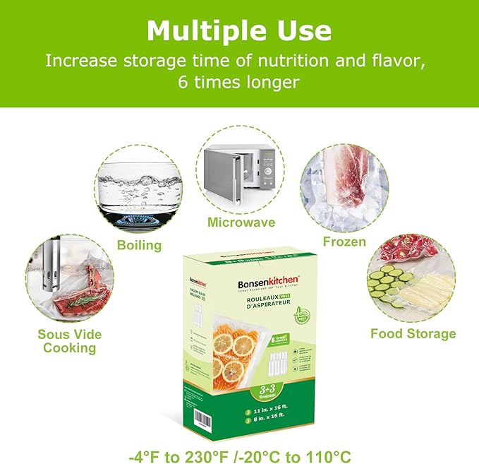 Bonsenkitchen 3 Rolls 11" x 16' + 3 Rolls 8" x 16' Vacuum Sealer Bags for Food with a Color Box, Easy to Store, Commercial Grade, BPA Free, Great for Food Storage or Sous Vide, VB22