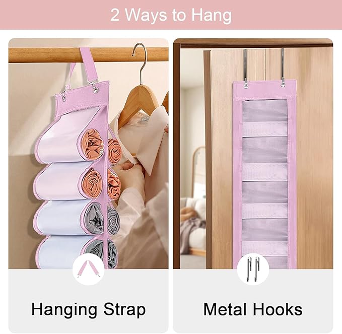 DHSFKBE Legging Organizer Storage, 2PCS T Shirt Organizer, Foldable Hanging Closet Organizer Storage with 16 Roll Independent Compartments for Yoga Pants, Tank Top, Towel, Underwear (Pink)