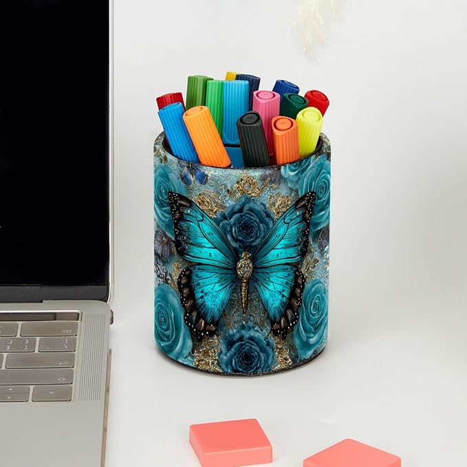 Navy Blue Butterfly Pen Holder Pencil Organizer for Desk, 3.1”x3.1”x3.9” Pencil Cup Office Supplies, Large Capacity Cute Pen and Makeup Brush Holder for School, Desktop