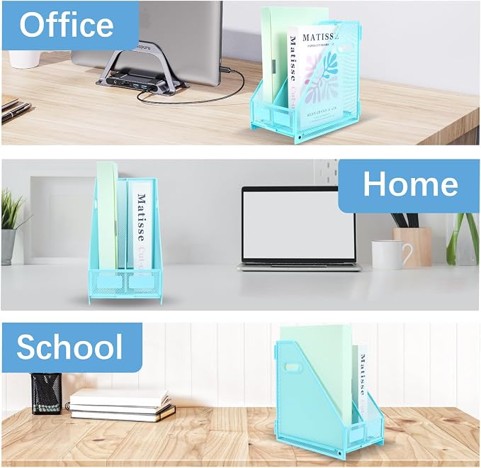 Desk Organizers Metal Magazine File Holder Racks Desktop Folder Storage Binder Organiser Document Organization for Home Office & Classroom,2 Vertical Compartments-Blue