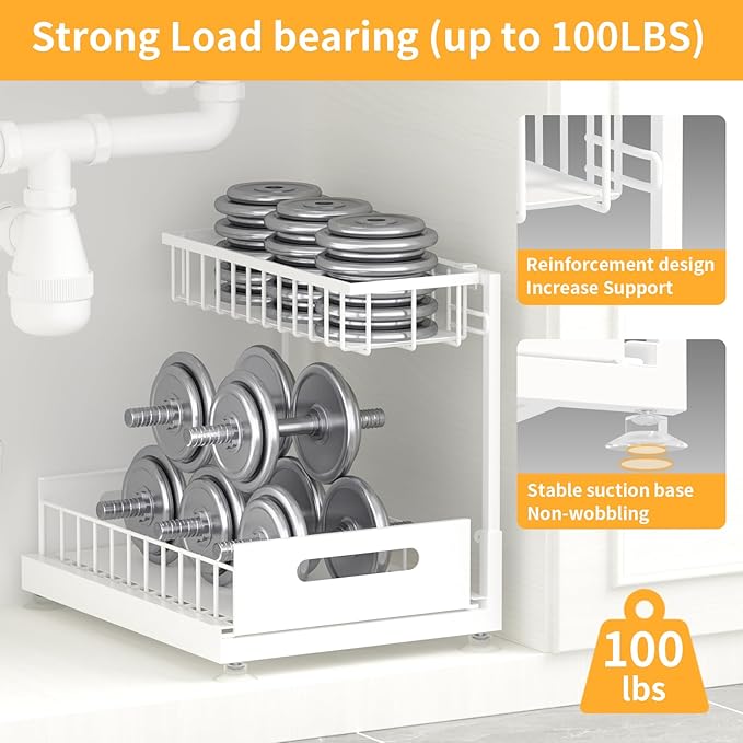 Saydear Under Sink Organizer Storage 2-Tier Premium Metal Pull-Out Kitchen Cabinet Organizer with Sliding Drawer, Height Adjustable, Heavy Duty for Kitchen & Bathroom Organizers 1 Pack White