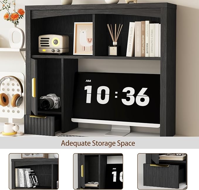 Desk Hutch Shelf, Desktop Shelf Organizer 37 inch Wide Desktop Bookshelf 2-Tier Wood Hutch Bookcase Organizer with Drawer Dorm Table Shelves Desk Shelves Office Bookshelf with Storage-Black