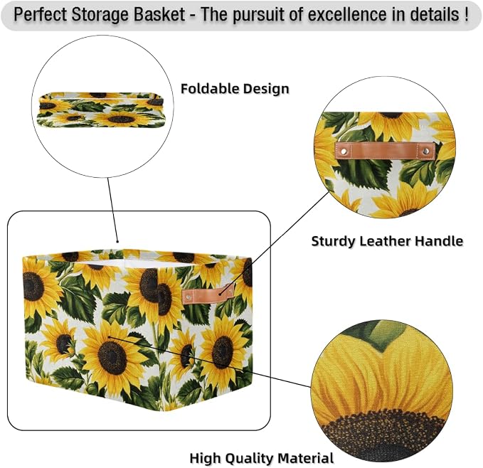 Rectangle Storage Baskets for Shelves, Bright Sunflower Print Storage Cube Organizer Bins Collapsible Toy Basket for Nursery Home Room