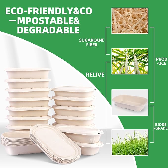 50Pcs(24oz) Disposable Meal Prep Food Containers with Lids | Lunch Salads Microwaveable and Freezable Compostable Safe Non Plastic Food Storage，Biodegradable Take Out Food Bento Boxes.